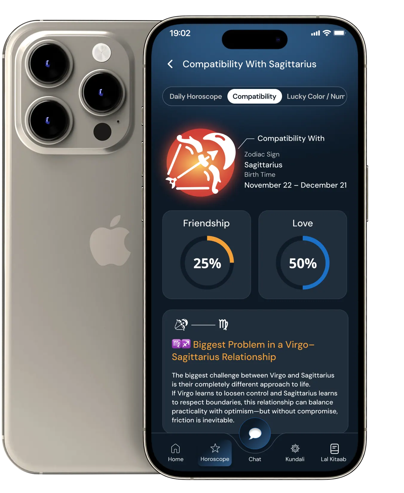 Astromantra compatibility screen on an iPhone