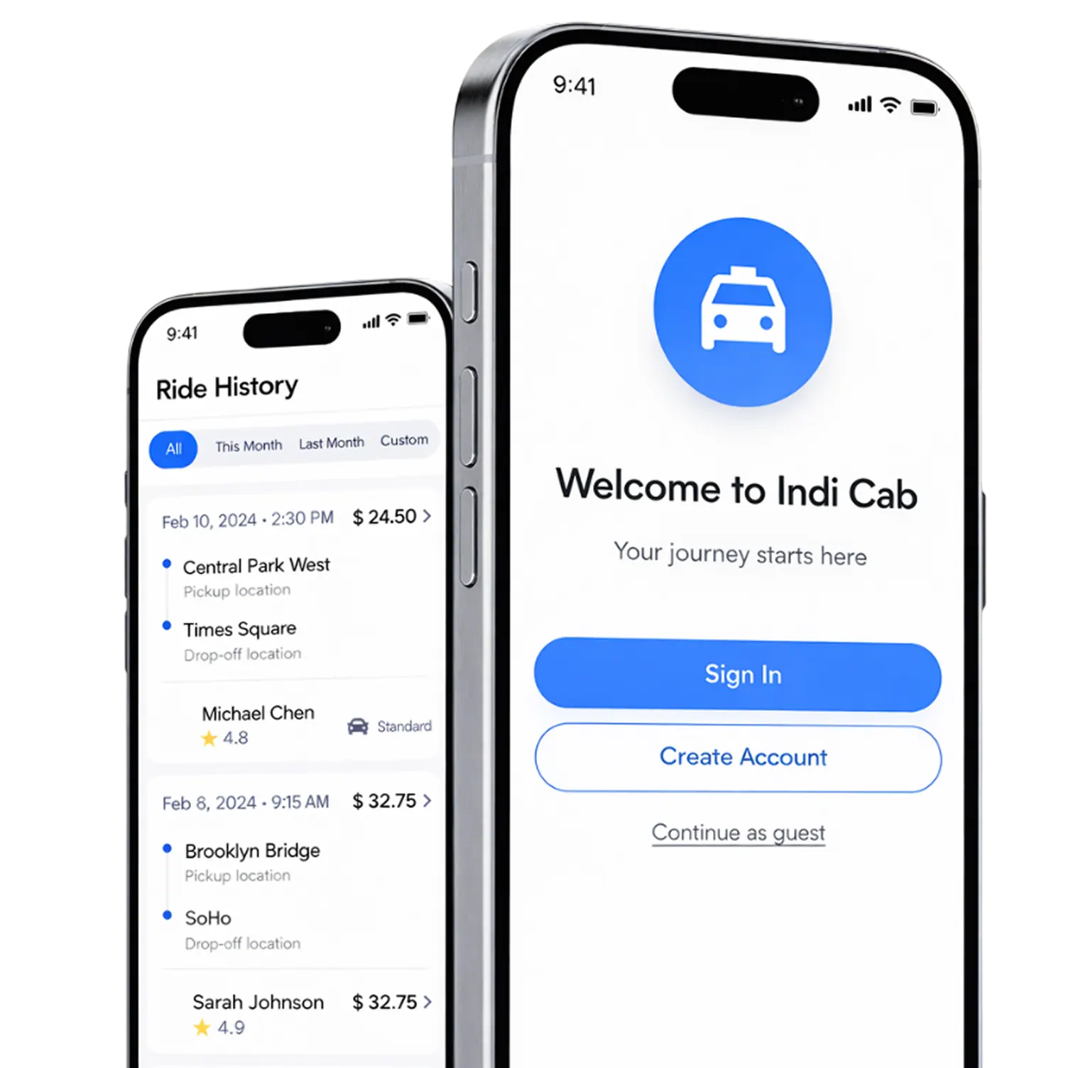Rideshare welcome and ride history screens