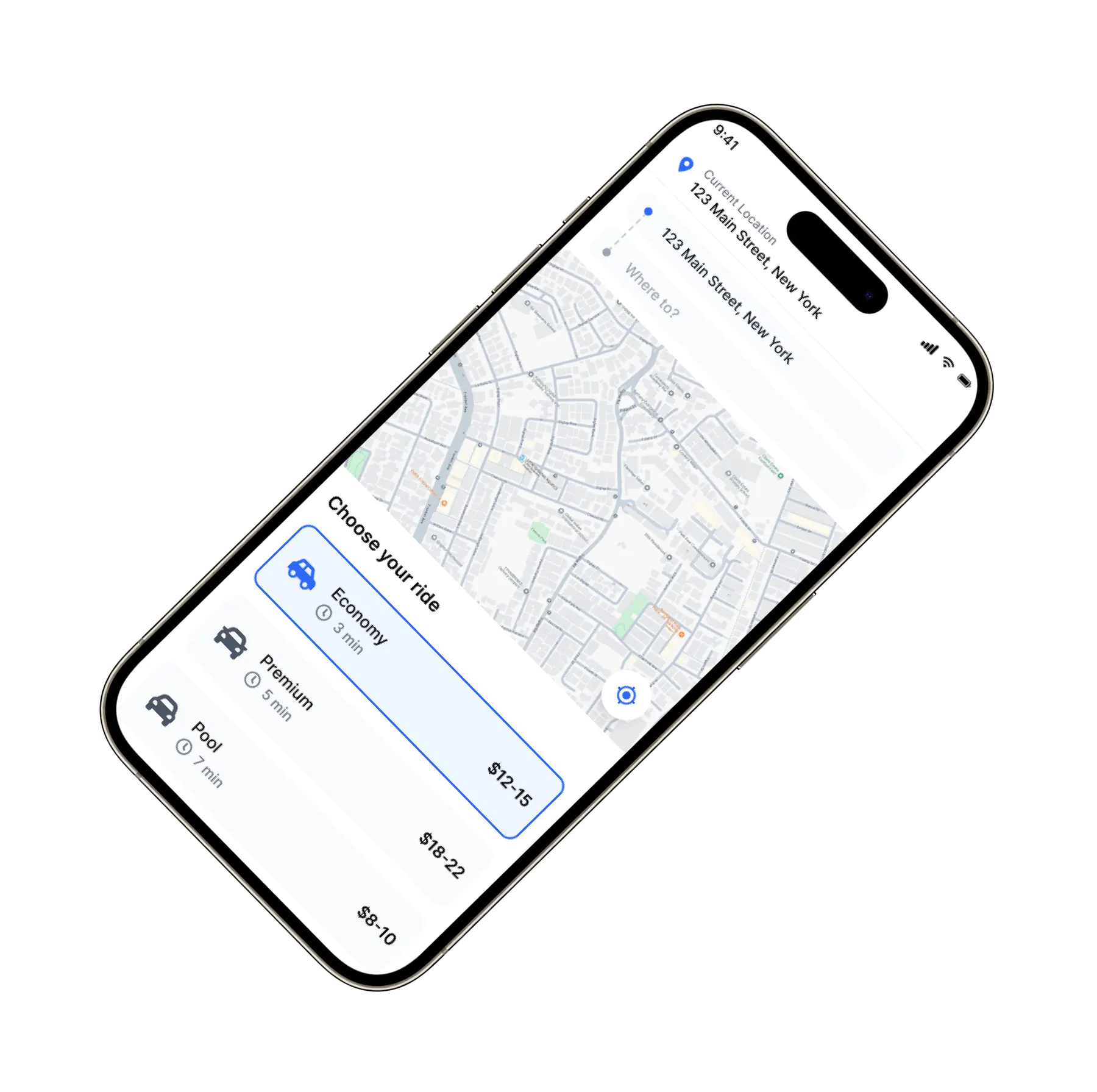 Rideshare map screen on a phone