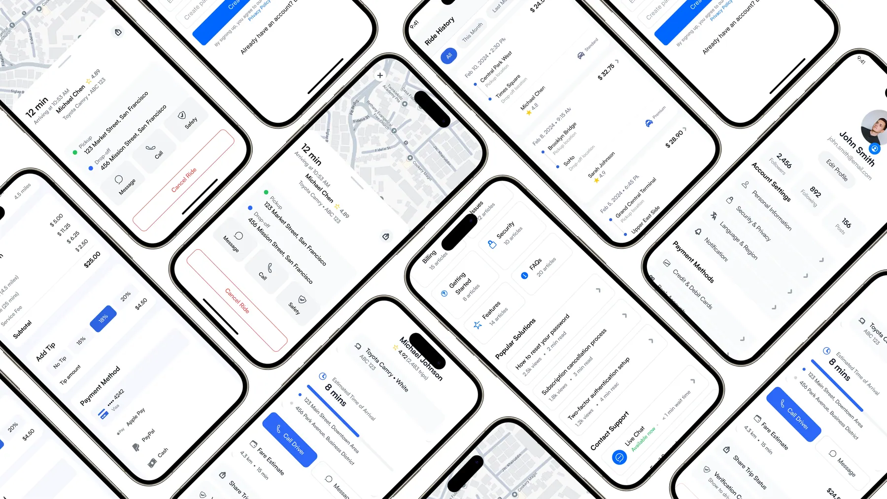 Rideshare screens angled on a dark background