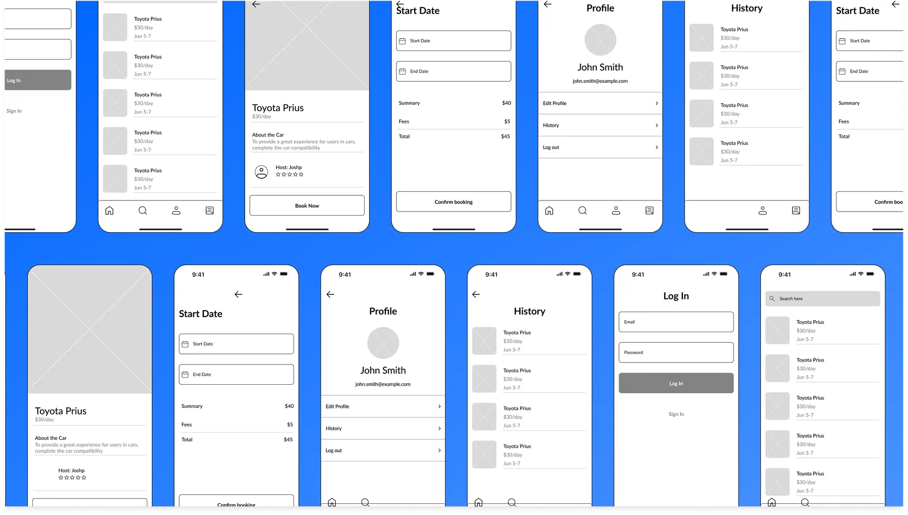 Rideshare wireframes