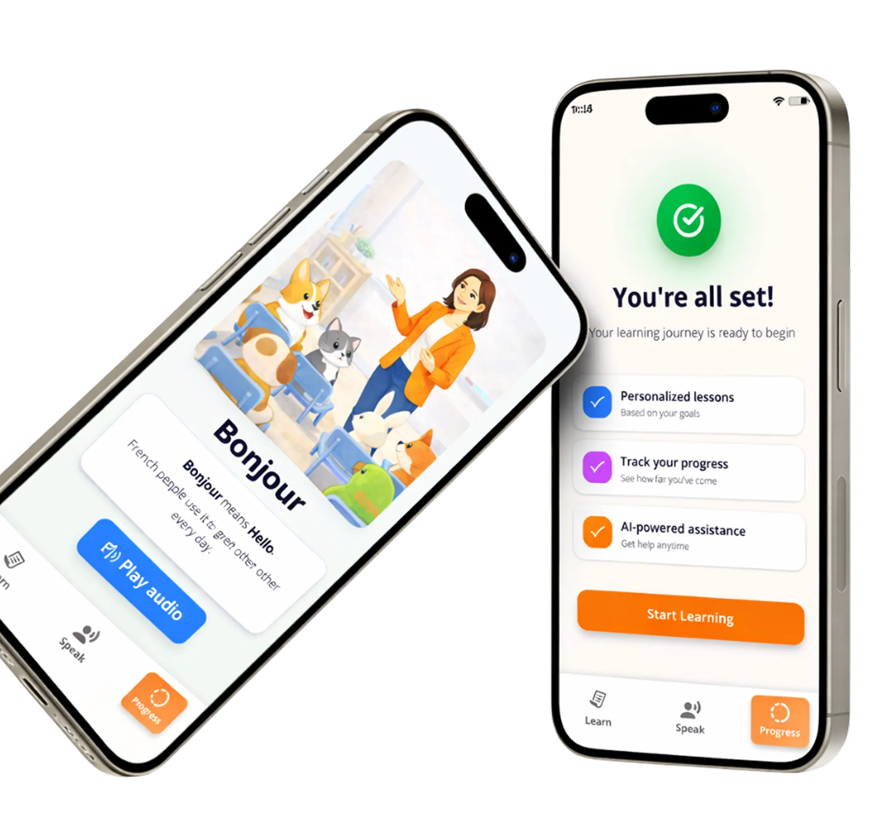Touchstone French learning and onboarding screens